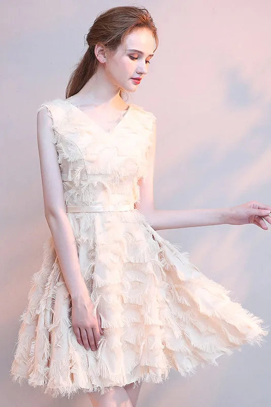Lace Sleeveless V Neck Prom Dress Short Homecoming Dress with Feather