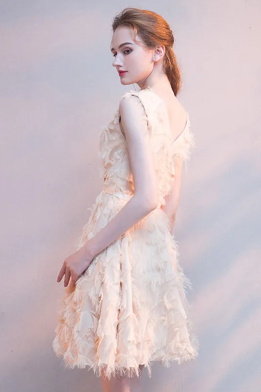 Lace Sleeveless V Neck Prom Dress Short Homecoming Dress with Feather