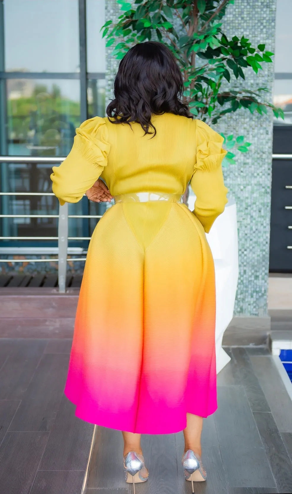 Lady Beauty- Ombre Pleats Fit and Flare Long Length Dress/Belt (NEW)