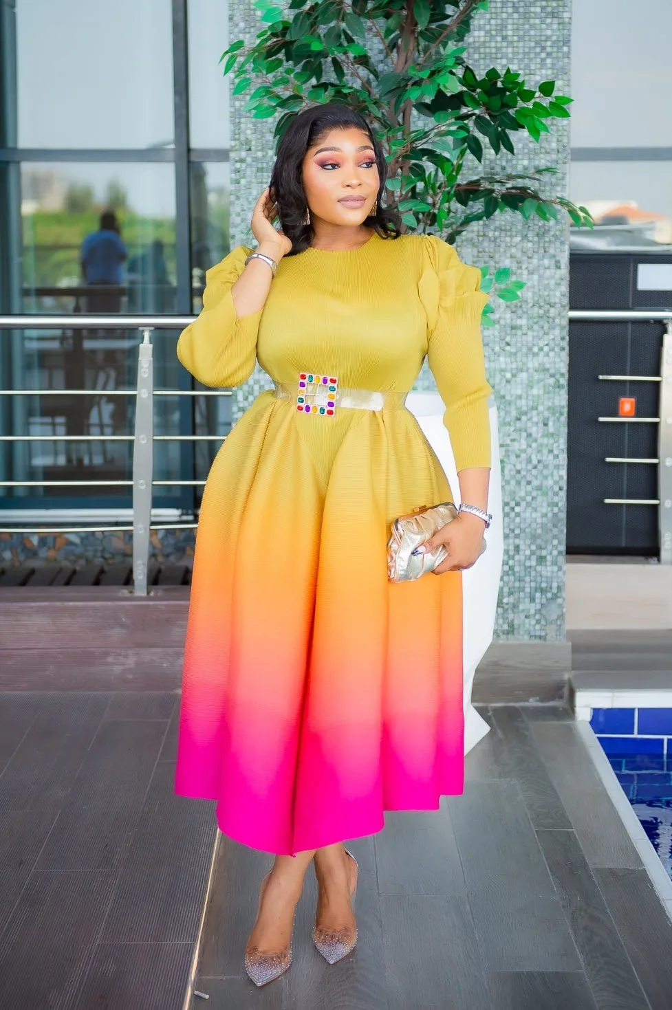 Lady Beauty- Ombre Pleats Fit and Flare Long Length Dress/Belt (NEW)