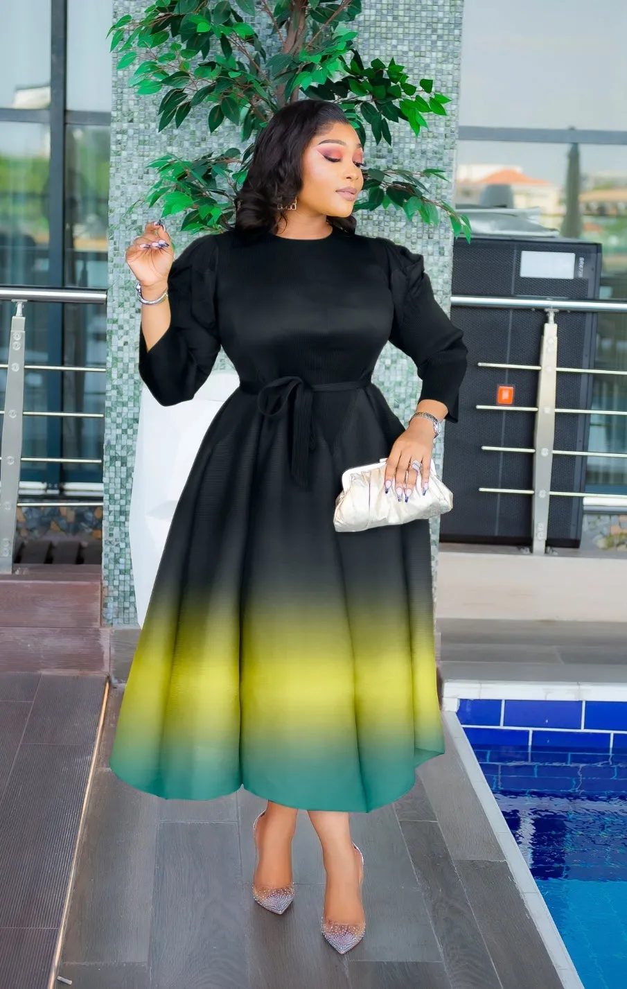 Lady Beauty- Ombre Pleats Fit and Flare Long Length Dress/Belt (NEW)