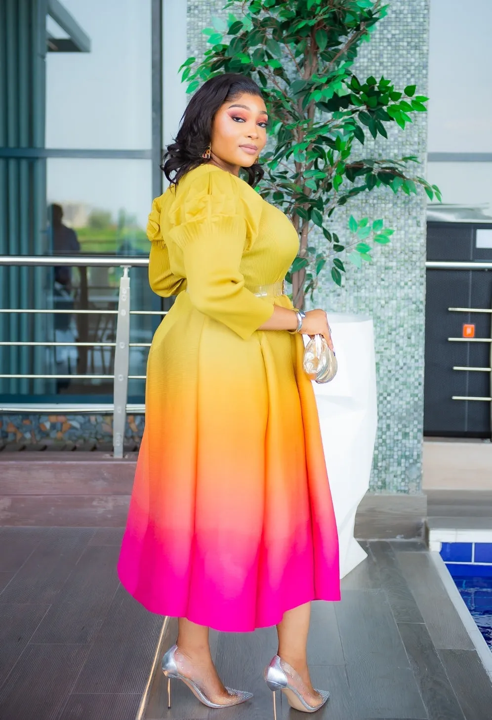 Lady Beauty- Ombre Pleats Fit and Flare Long Length Dress/Belt (NEW)