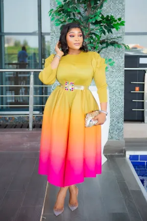 Lady Beauty- Ombre Pleats Fit and Flare Long Length Dress/Belt (NEW)