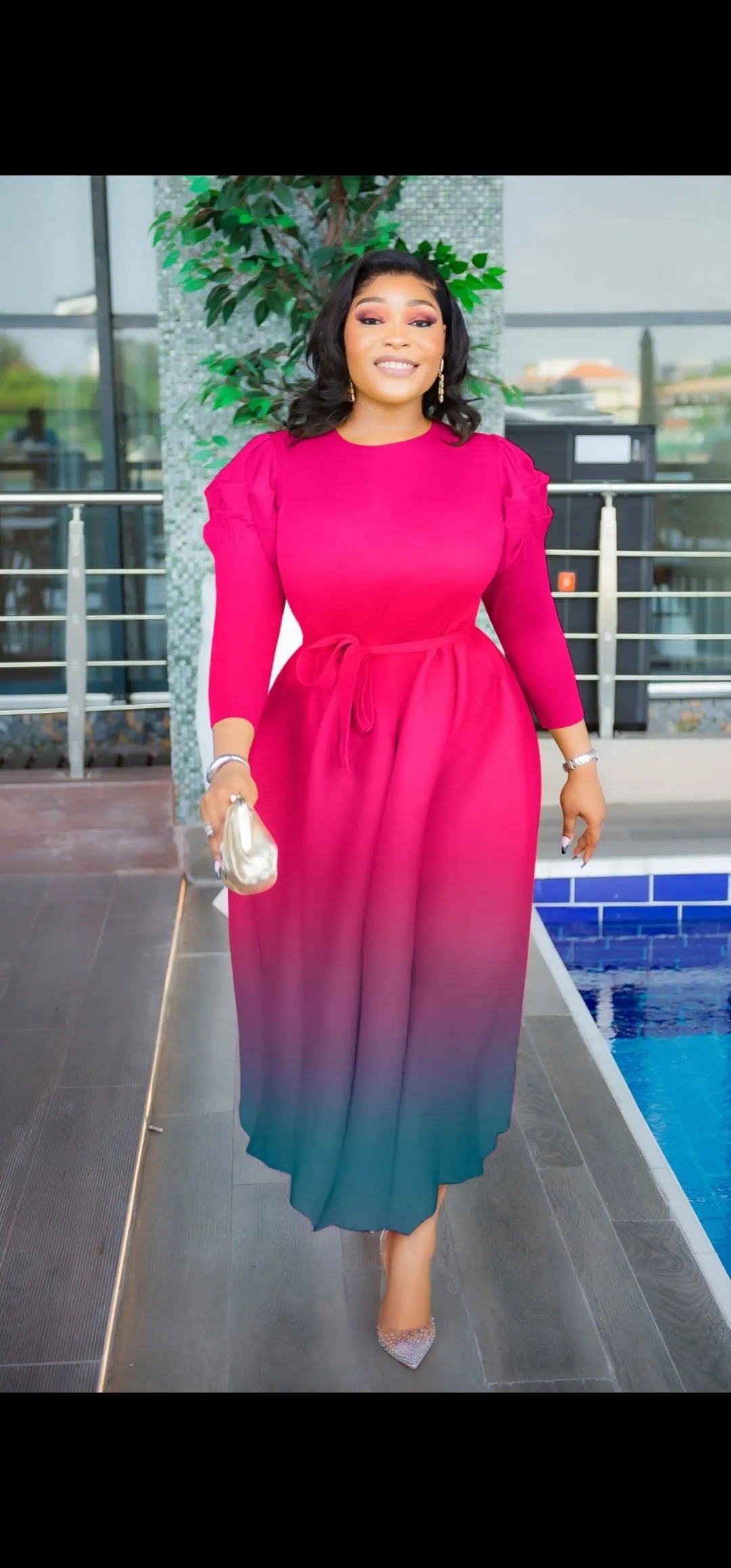 Lady Beauty- Ombre Pleats Fit and Flare Long Length Dress/Belt (NEW)