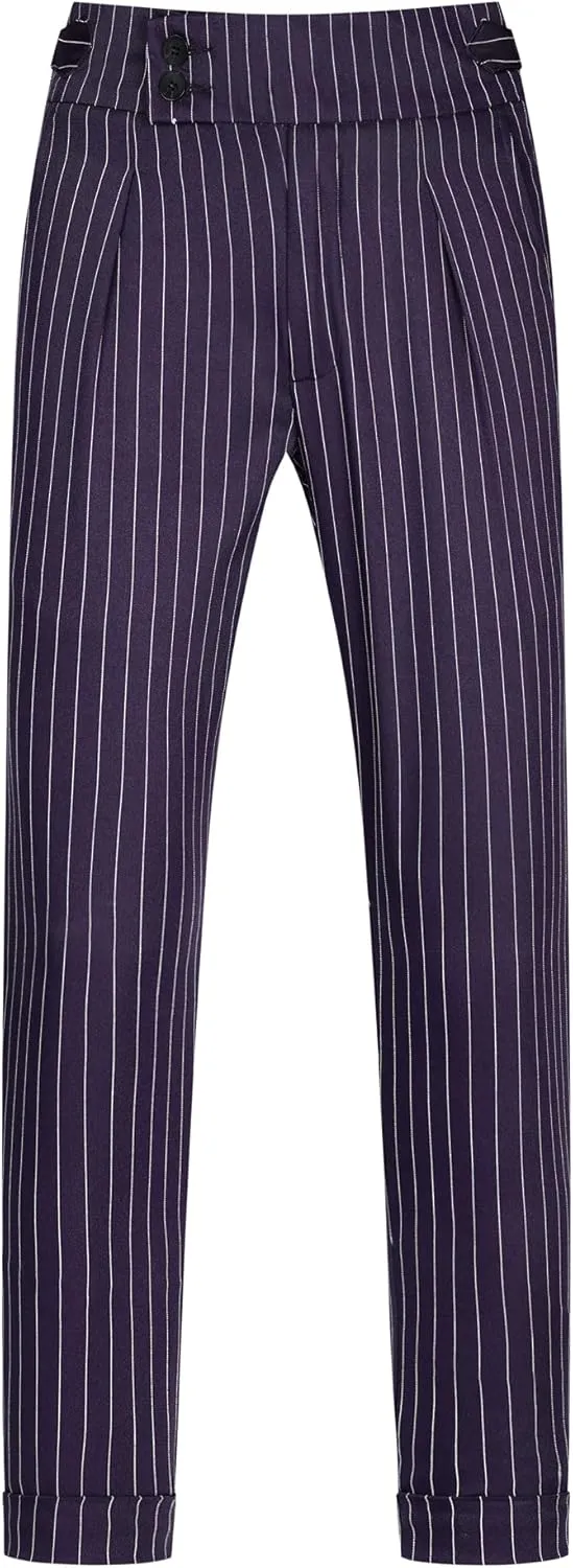 Lars Amadeus Striped Dress Pants for Men's Pleated Front Business Tapered Cropped Trousers