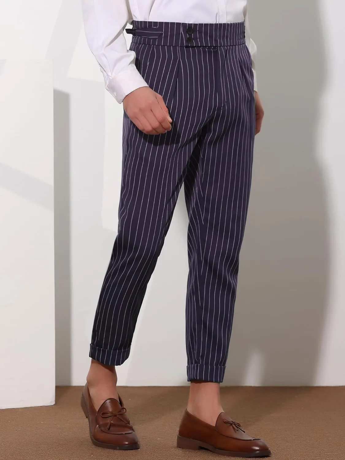 Lars Amadeus Striped Dress Pants for Men's Pleated Front Business Tapered Cropped Trousers