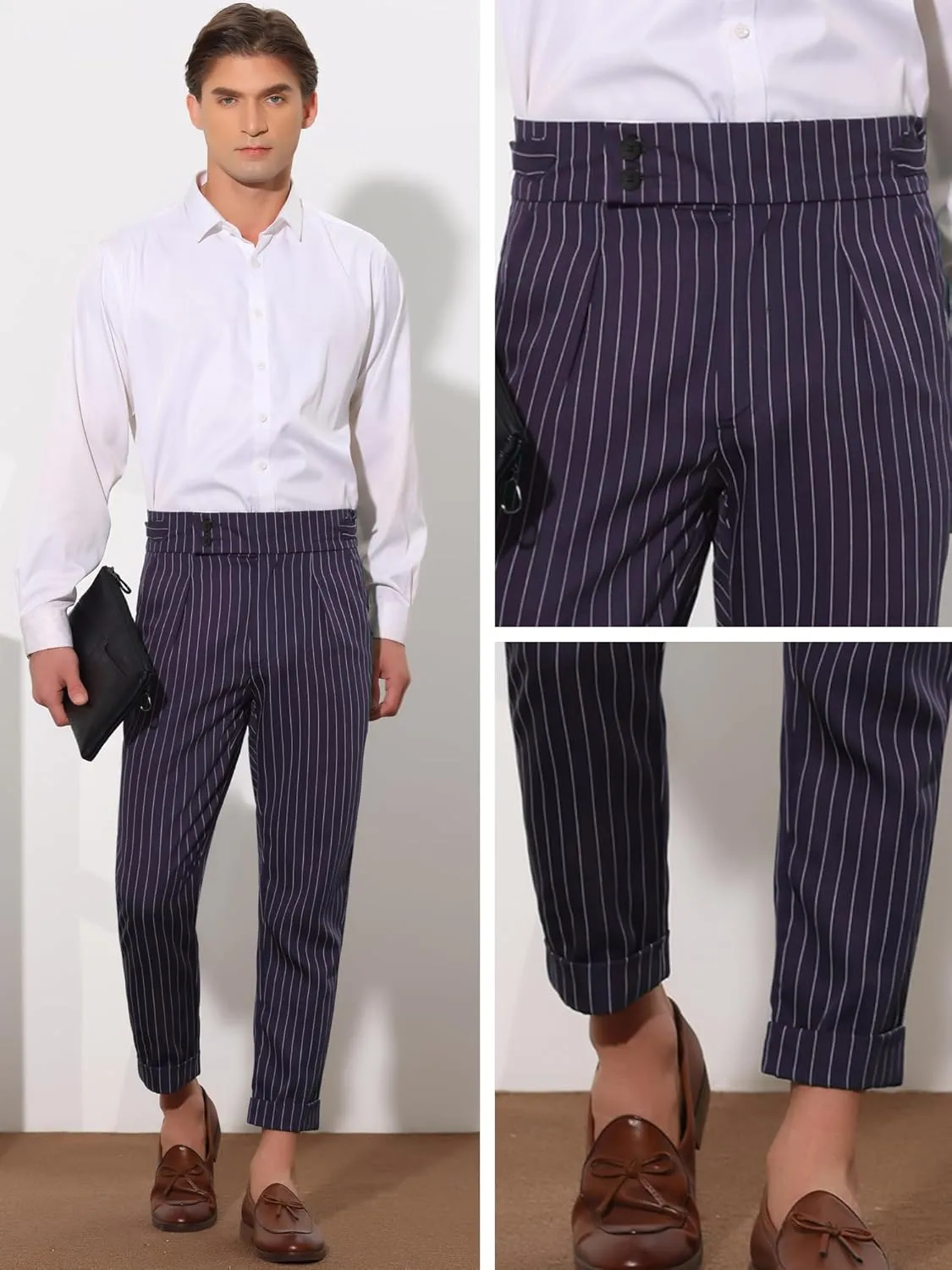 Lars Amadeus Striped Dress Pants for Men's Pleated Front Business Tapered Cropped Trousers