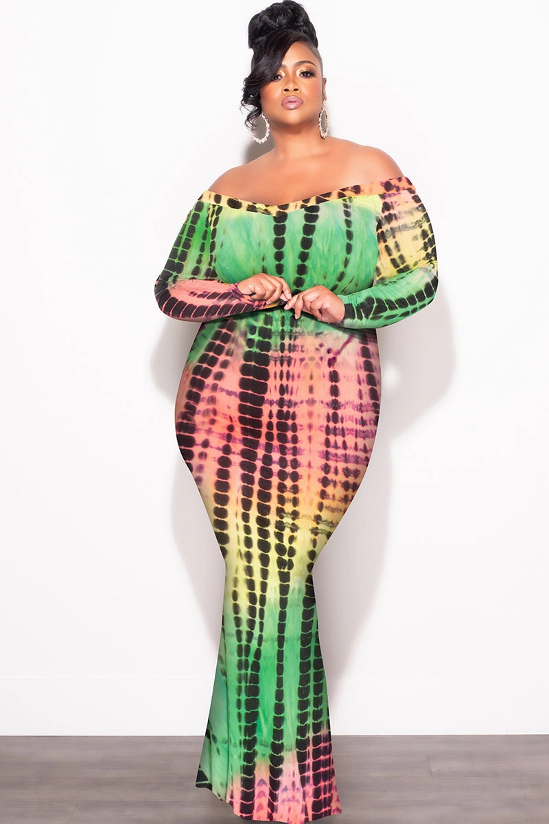 Work Comfort Daily Comfort Fit Final Sale Plus Size Bodycon Maxi Dress in Green Tie Dye Print