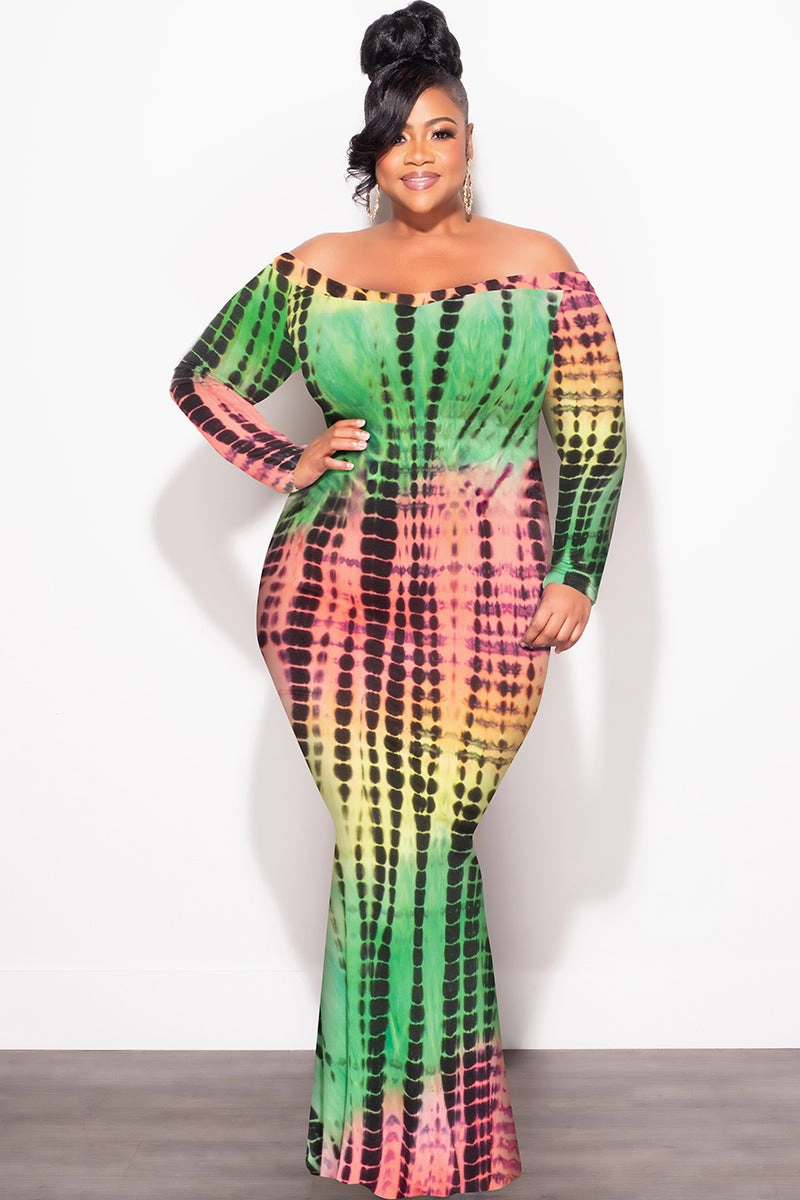 Final Sale Plus Size Bodycon Maxi Dress in Green Tie Dye Print Button front