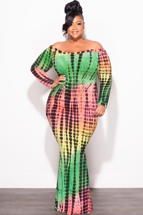 Final Sale Plus Size Bodycon Maxi Dress in Green Tie Dye Print Button front