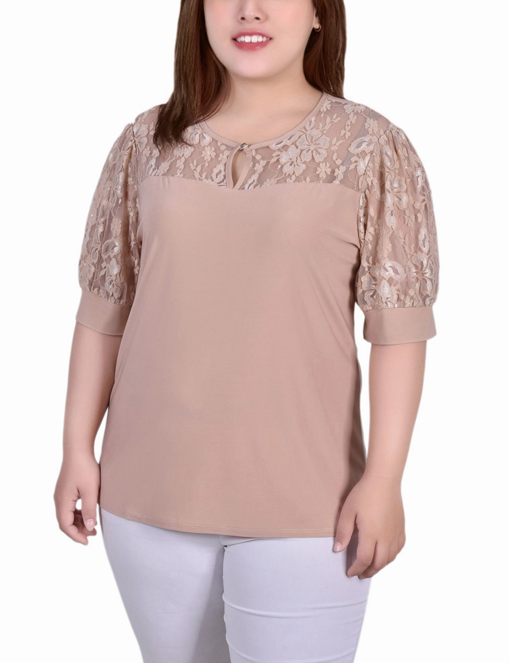 Plus Size Short Puff Sleeve Top With Lace Sleeves And Yoke FourWay Stretch Fabric