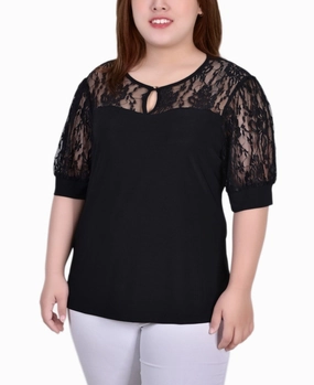 ThermalRegulationLayer Plus Size Short Puff Sleeve Top With Lace Sleeves And Yoke