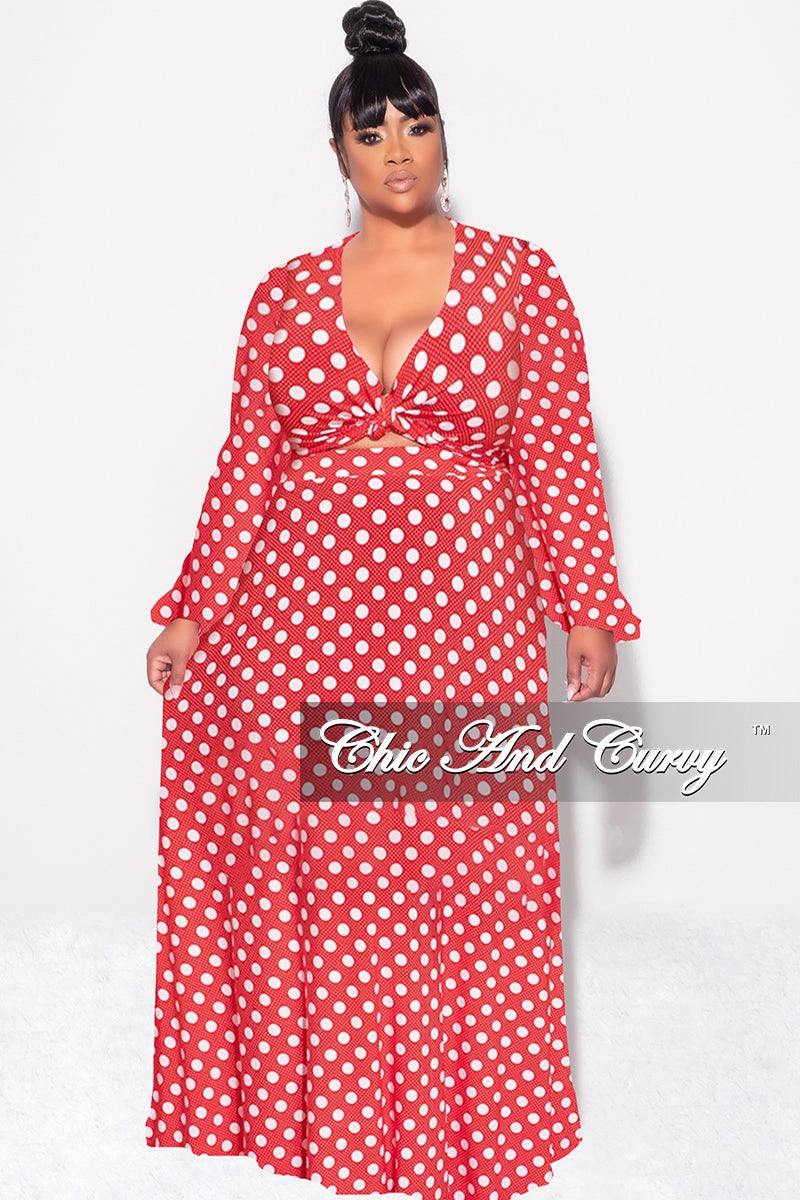 Relaxed Design Elastic Cuff Final Sale Plus Size 2pc Long Sleeve Crop Tie Top and Skirt Set in Red with White Polka Dots