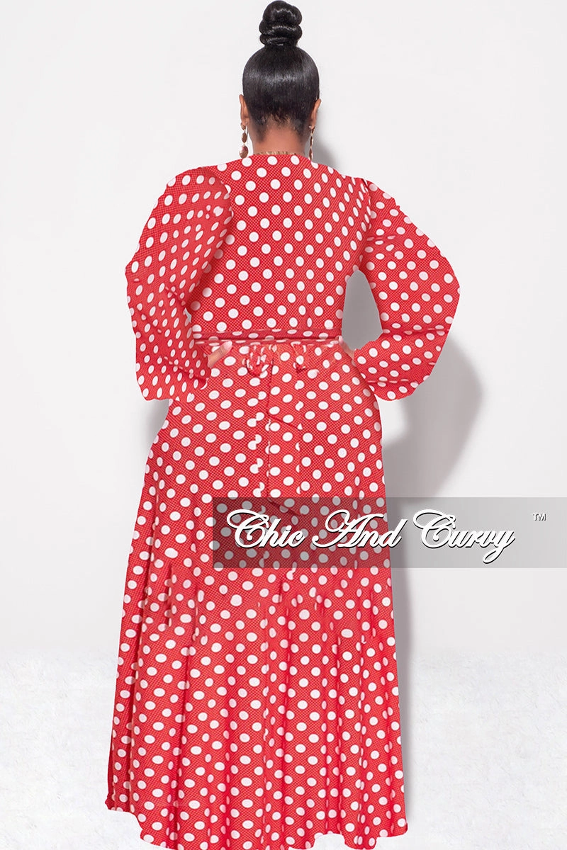 Tight Waist Final Sale Plus Size 2pc Long Sleeve Crop Tie Top and Skirt Set in Red with White Polka Dots