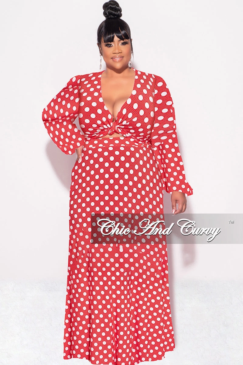 Snag Resistant Fabric Premium Look Final Sale Plus Size 2pc Long Sleeve Crop Tie Top and Skirt Set in Red with White Polka Dots