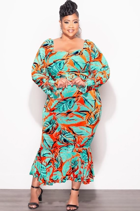Final Sale Plus Size Midi BodyCon Dress with Ruffle Bottom in Mint & Orange Floral Print Slim Fit Wear Blackout fabric
