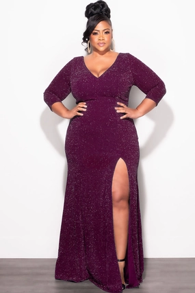 Final Sale Plus Size Shimmer Gown with Front Slit in Plum Flattering Design Wear RecyclablePackaging