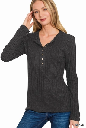 Non Chafe Armholes Reinforced Seam Technique Lilah Ribbed Long Sleeve Button Down Top