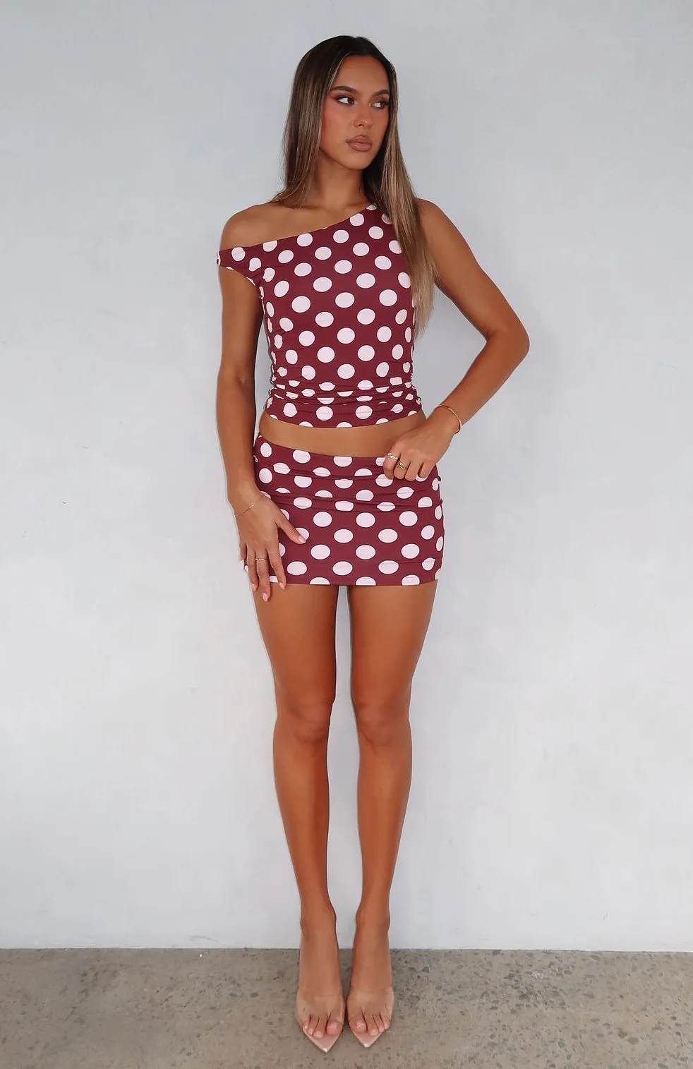 Monochrome Outfit Ventilated Slits Late Nights Mini Skirt Burgundy Polka Dot