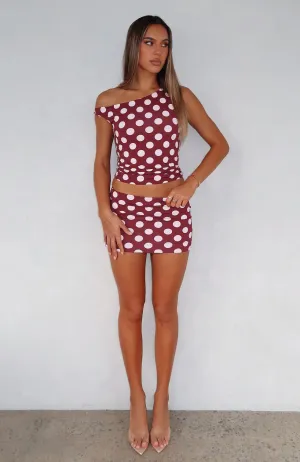 Monochrome Outfit Ventilated Slits Late Nights Mini Skirt Burgundy Polka Dot
