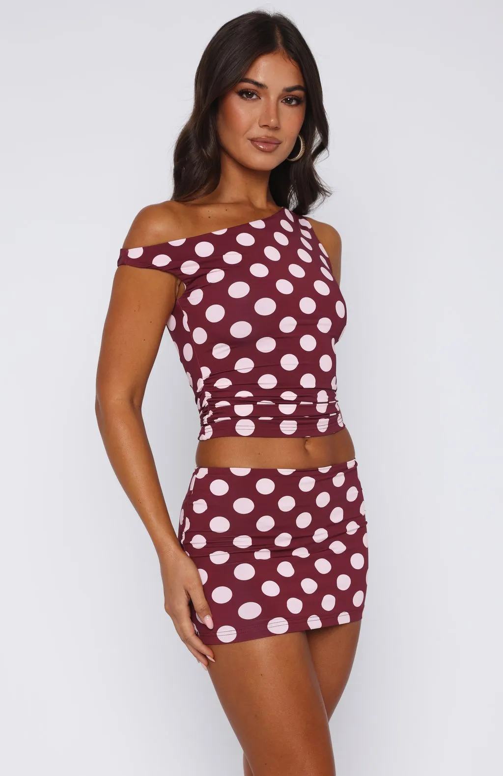 Late Nights Mini Skirt Burgundy Polka Dot Relaxed Vibes Mid Length