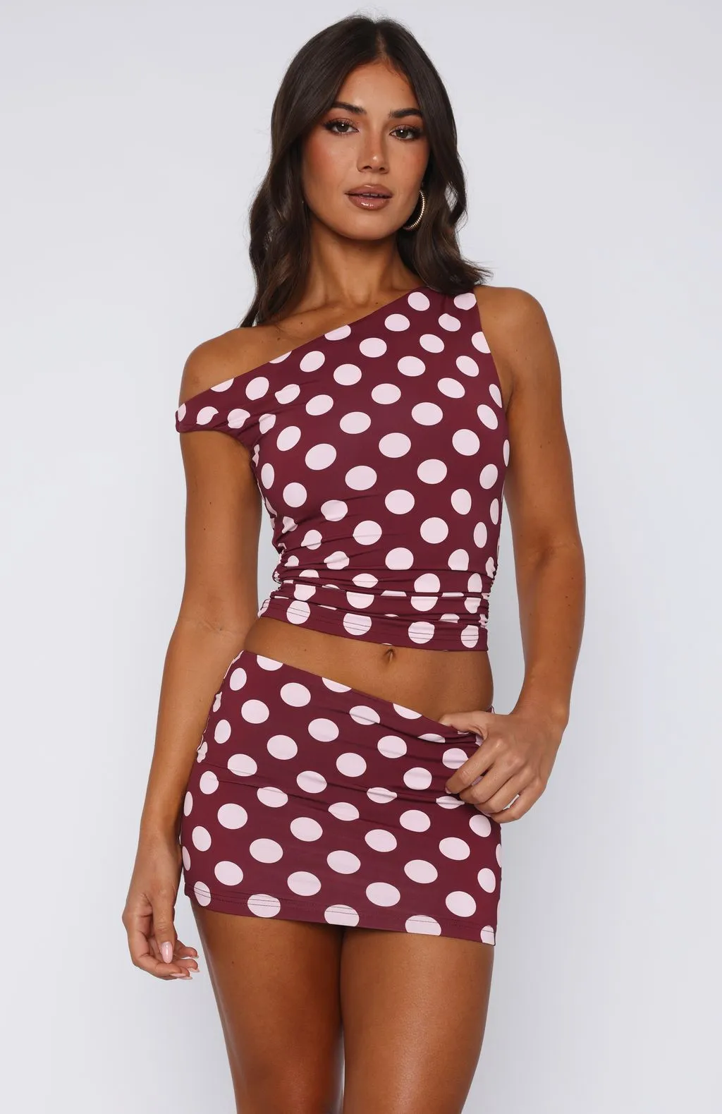 Twist Knot Details Late Nights Mini Skirt Burgundy Polka Dot
