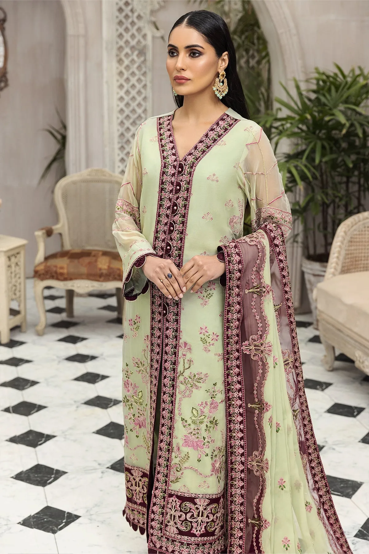 Latest Gown Dress Pakistani in Pistachio Shade #PF464