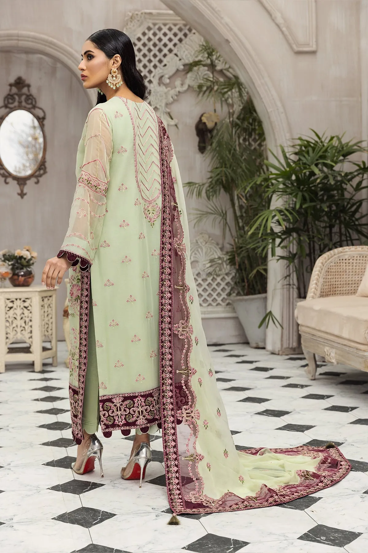 Latest Gown Dress Pakistani in Pistachio Shade #PF464