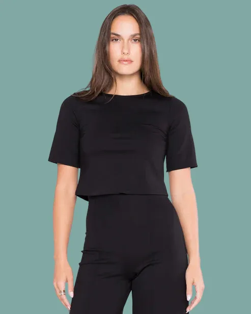 Ponte Short Sleeve Top Glossy Look Cool Weather Wear