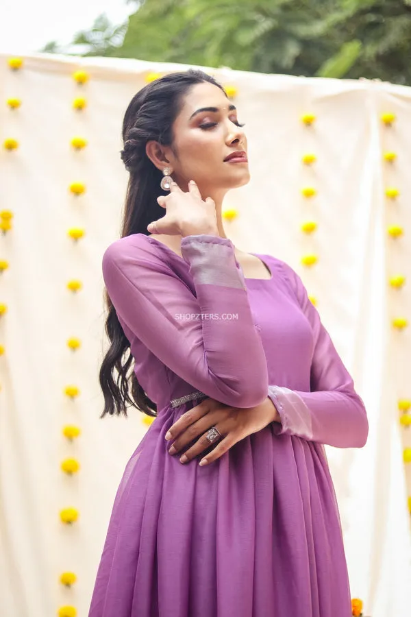 Lavendar Georgette Maxi Dress With Silver Zari Border