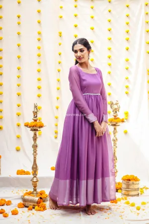 Lavendar Georgette Maxi Dress With Silver Zari Border