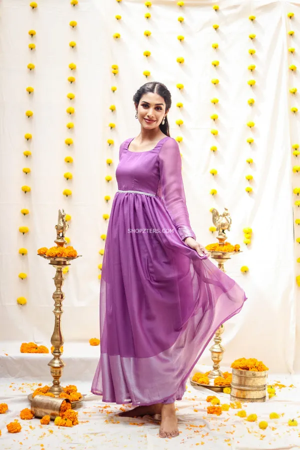 Lavendar Georgette Maxi Dress With Silver Zari Border