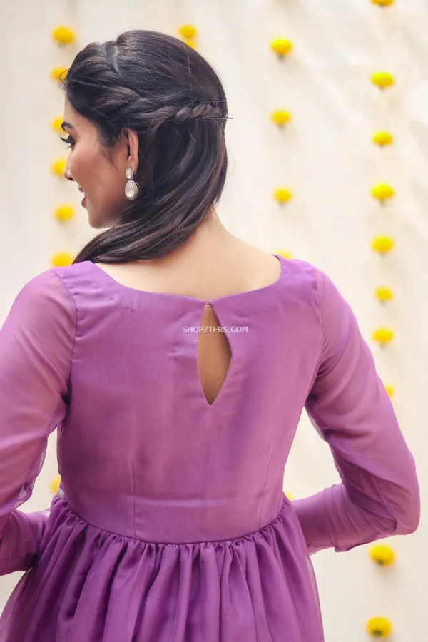 Lavendar Georgette Maxi Dress With Silver Zari Border