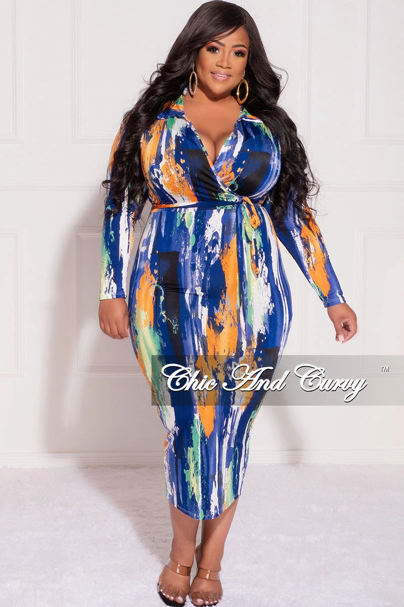 Final Sale Plus Size Collar Faux Wrap BodyCon with Waist Tie in Blue White and Orange Brush Stroke Print Chic Design High Quality Material