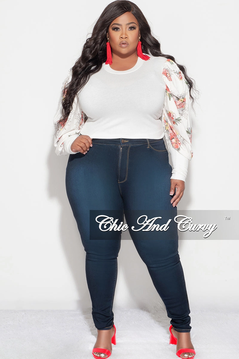 Mesh Comfort Final Sale Plus Size Long Sleeve Ribbed Top with Puffy Sleeves in Off White Floral Print