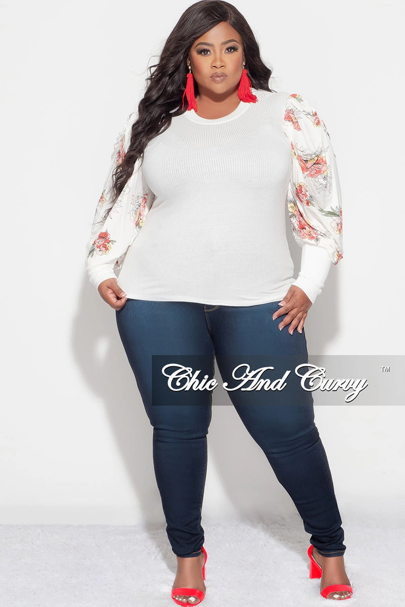 Feminine Fit Final Sale Plus Size Long Sleeve Ribbed Top with Puffy Sleeves in Off White Floral Print