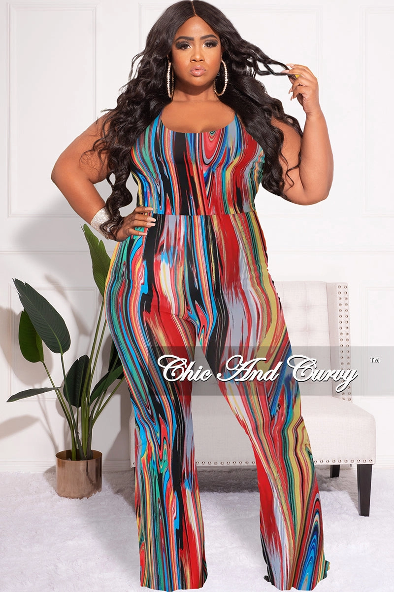 Sporty Fit Design Seamless Waist Technology Final Sale Plus Size Spaghetti Strap Jumpsuit in Multi-Color Print