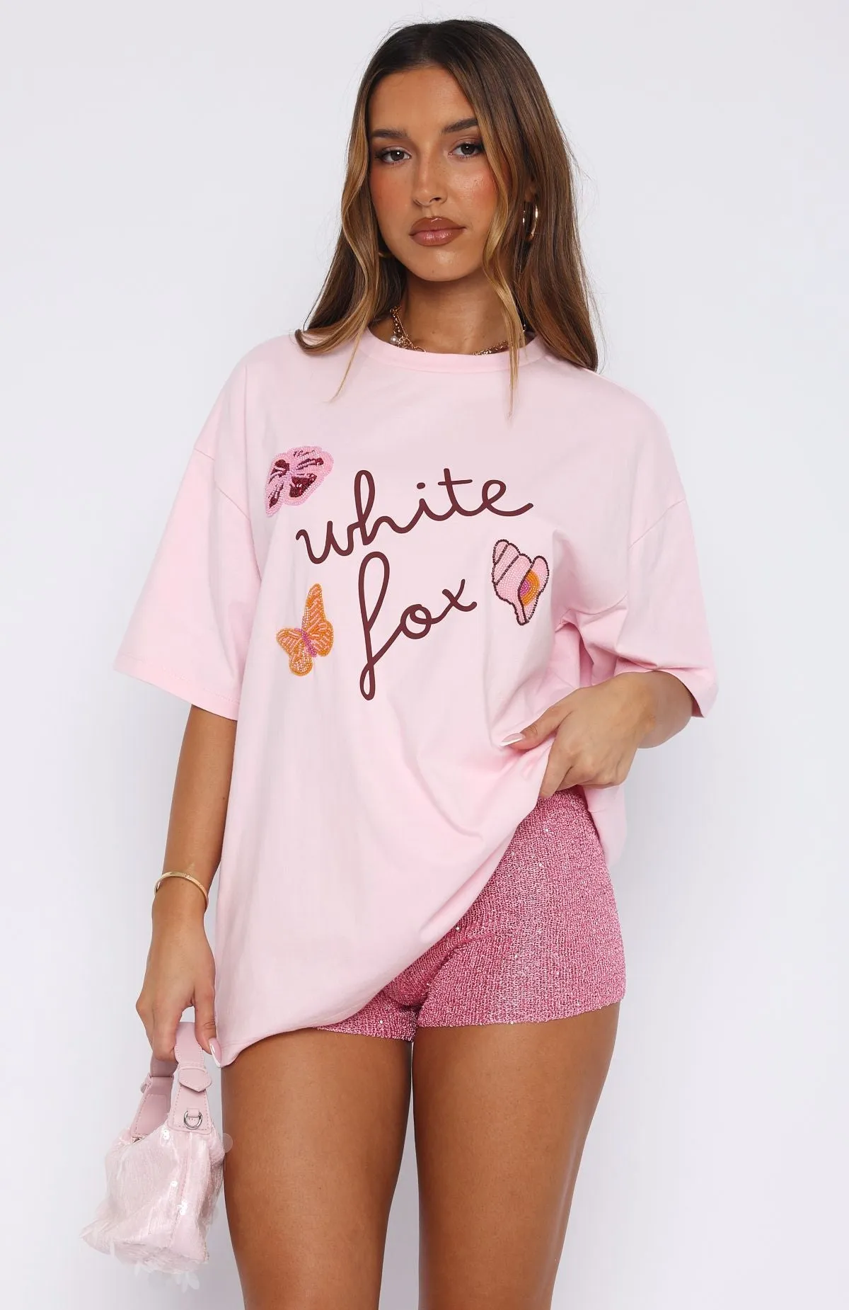 Ribbed Hemline Hidden Storage Pockets Sweet Bloom Oversized Tee Pink
