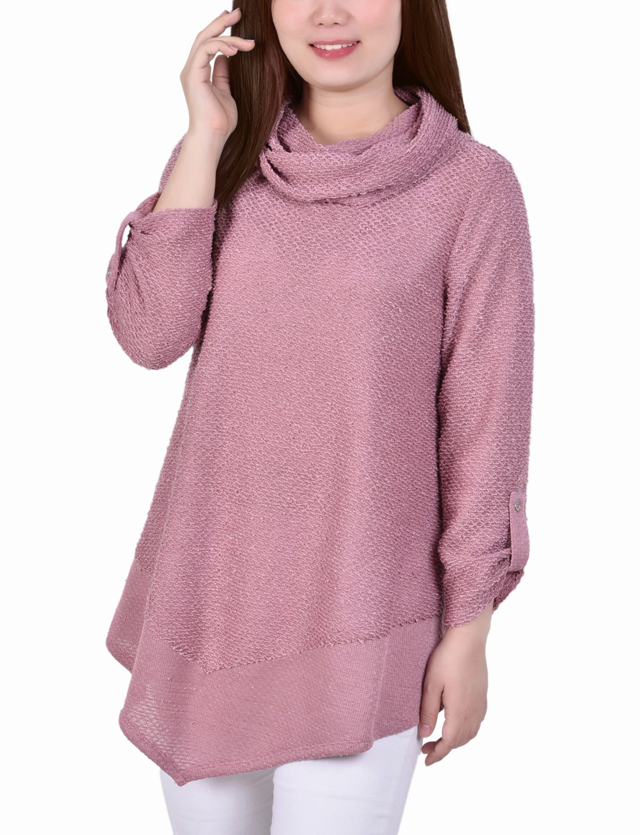Long Roll Tab Sleeve Nubby Cowl Neck Top Quick-Dry AdjustableHem