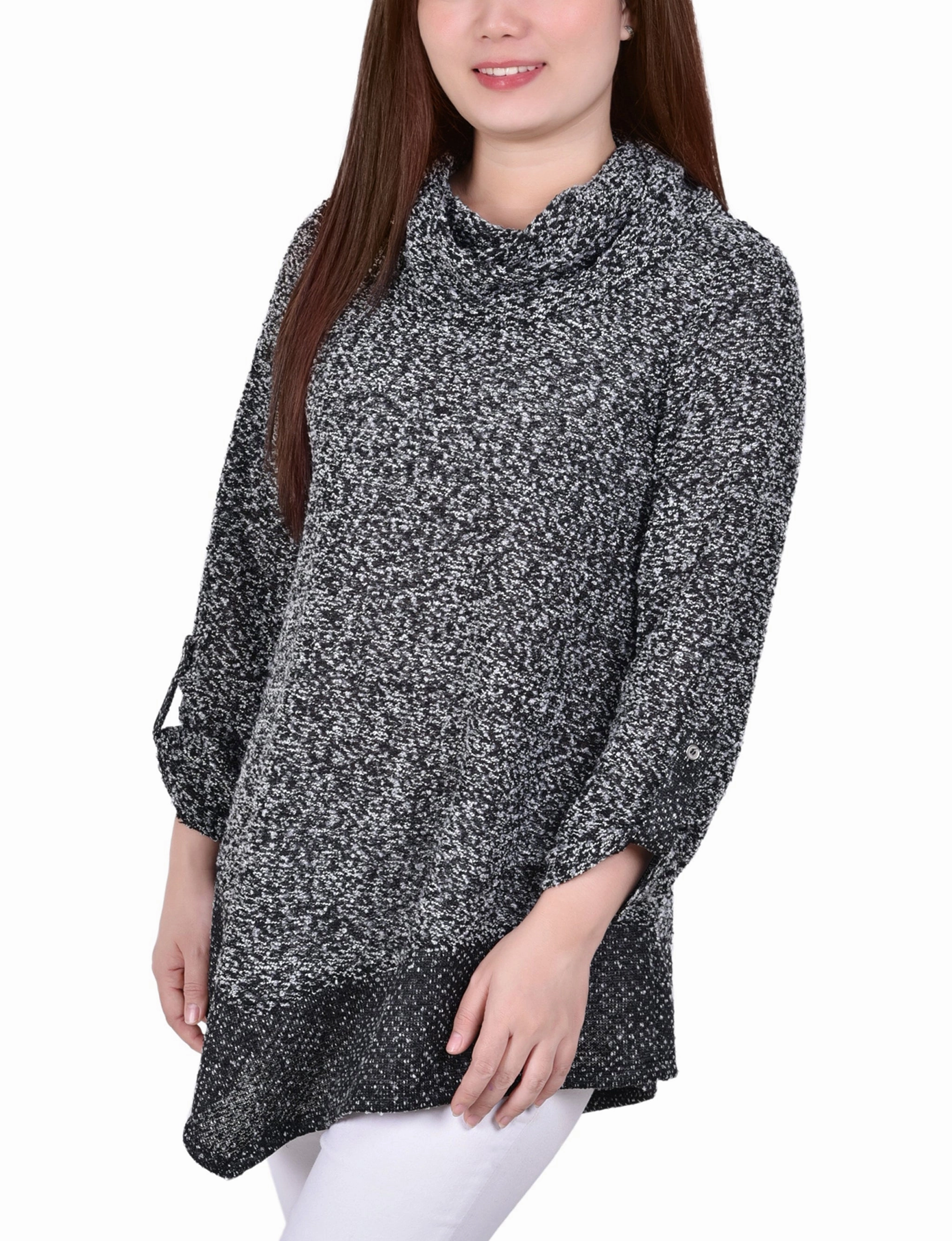 Soft Touch Fabric UltraFineMesh Long Roll Tab Sleeve Nubby Cowl Neck Top