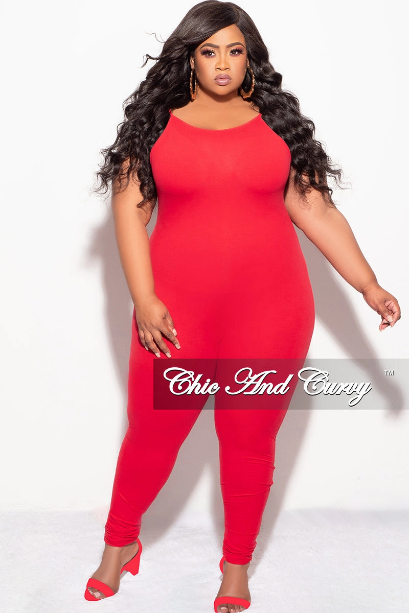 Final Sale Plus Size Spaghetti Strap Catsuit Unitard in Red Body Movement AdjustableTabs