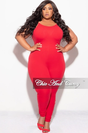 Quick Slip Final Sale Plus Size Spaghetti Strap Catsuit Unitard in Red
