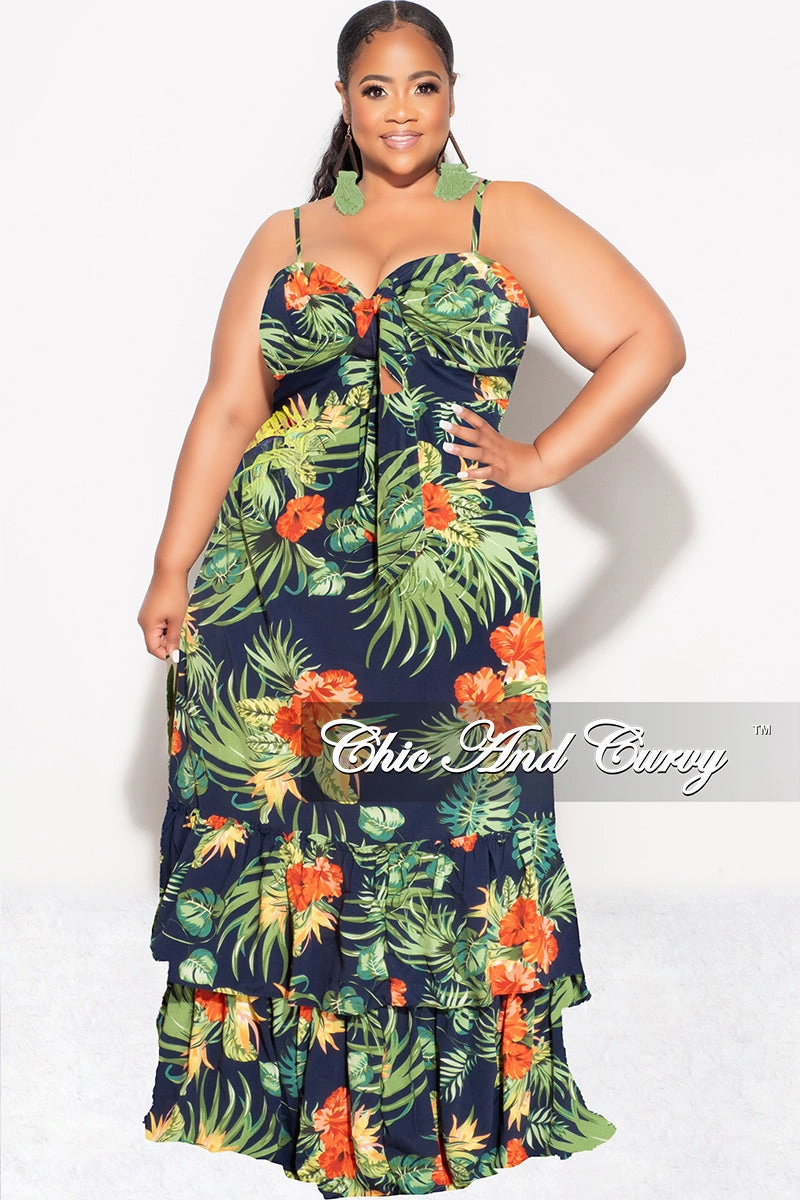 CompressionFitFabric Street Active Final Sale Plus Size Tank Maxi Dress in Chiffon in Navy, Green & Orange Print Summer