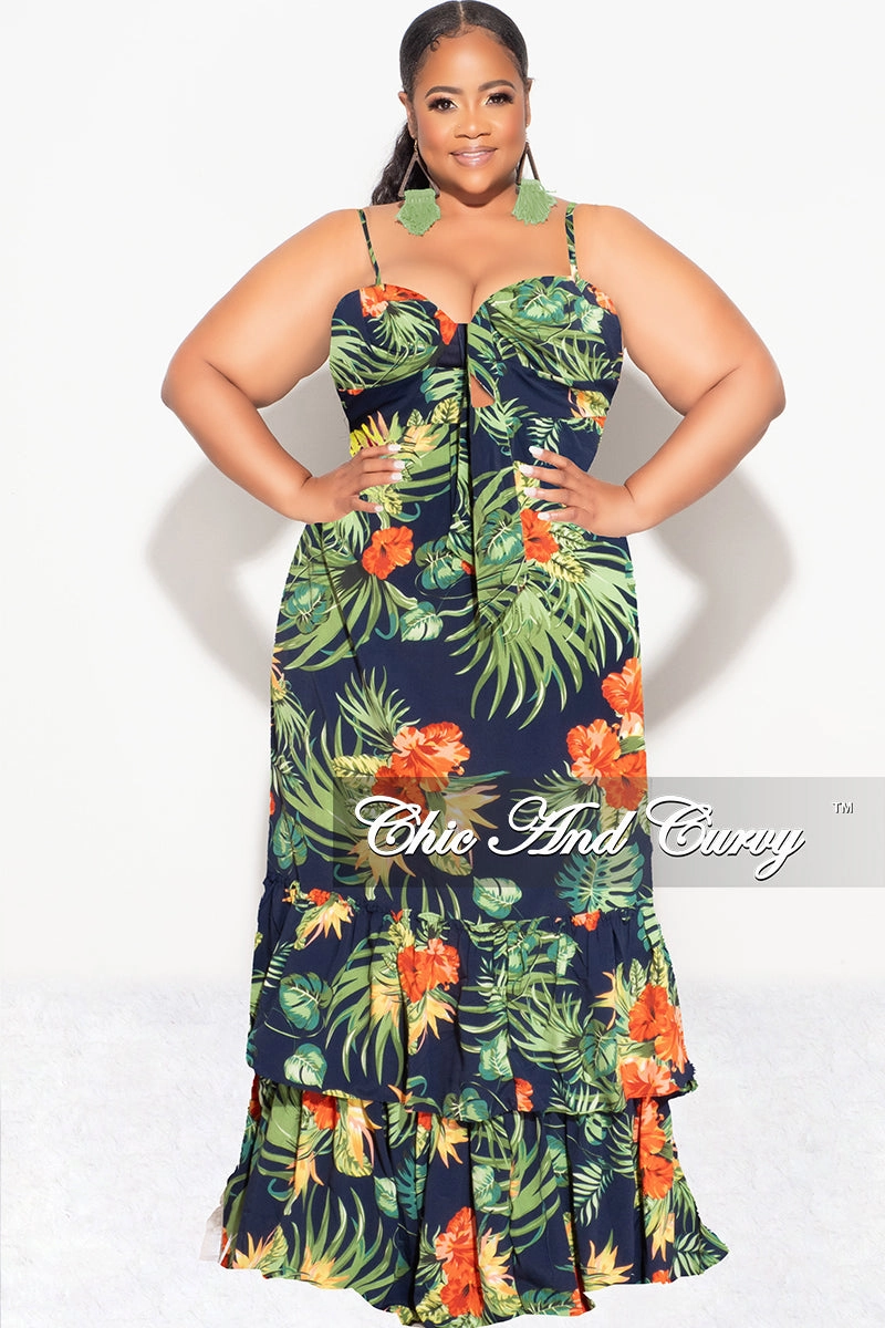 Final Sale Plus Size Tank Maxi Dress in Chiffon in Navy, Green & Orange Print Summer TaglessComfort Side Pockets