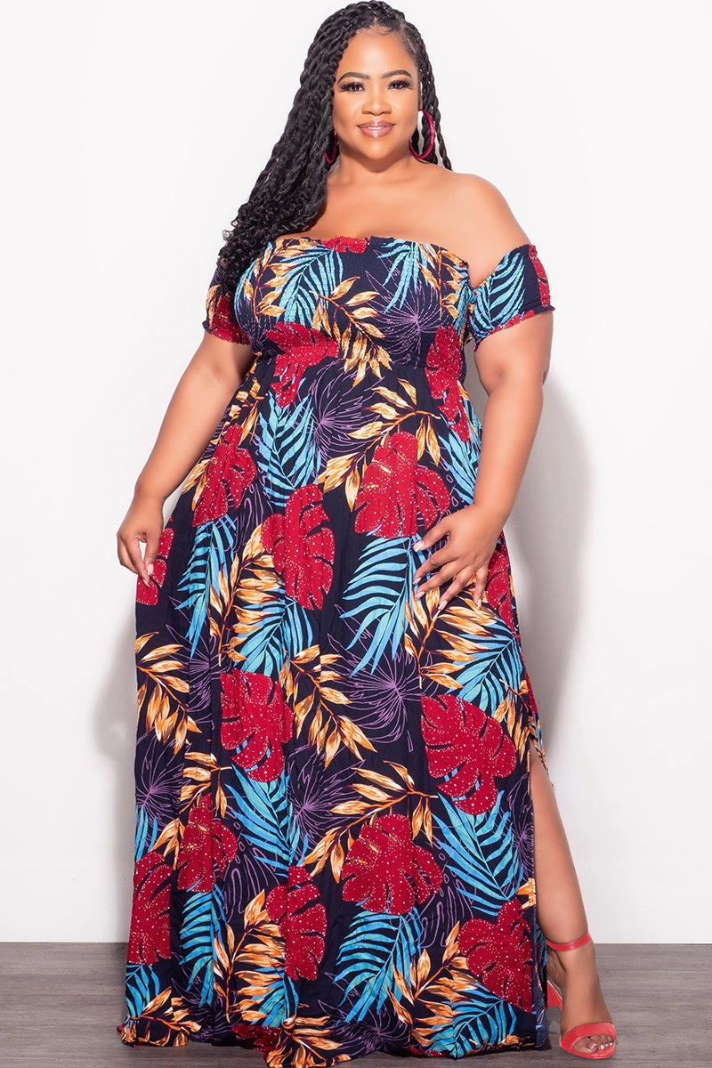 Classic Cut Final Sale Plus Size Sleeveless Frill Tiered Maxi Dress in Multi Color Leaf Print