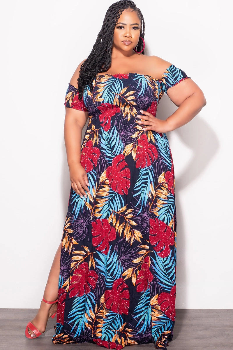 Final Sale Plus Size Sleeveless Frill Tiered Maxi Dress in Multi Color Leaf Print Water Resistant Finish