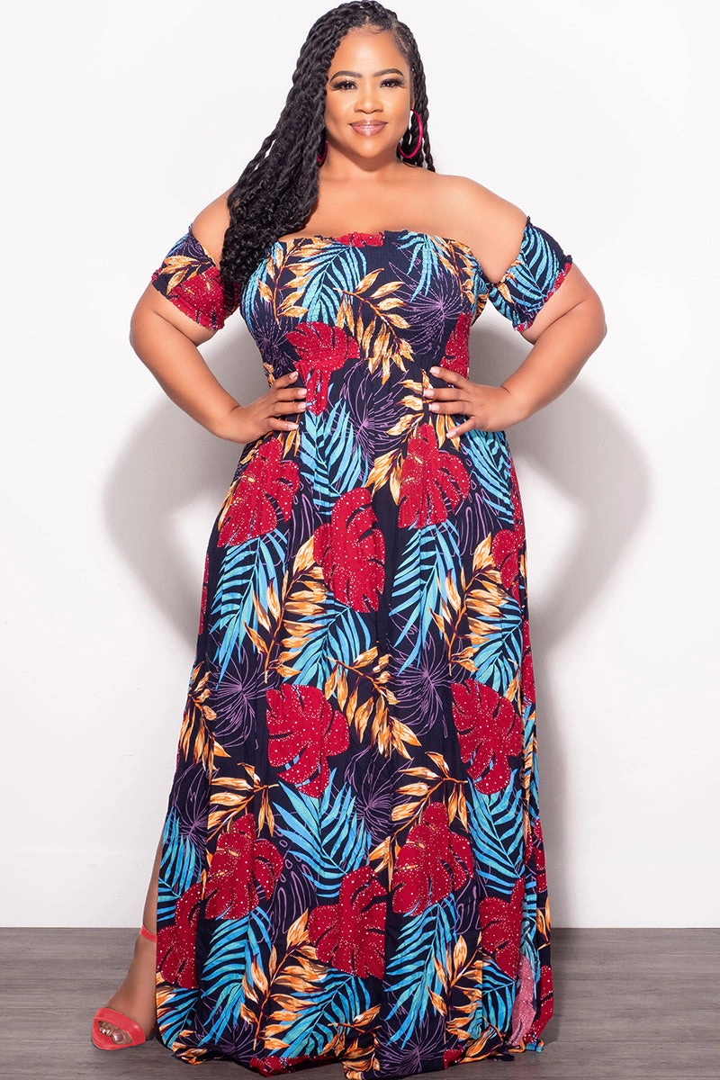Casual Wear Final Sale Plus Size Sleeveless Frill Tiered Maxi Dress in Multi Color Leaf Print