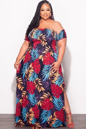 Classic Cut Final Sale Plus Size Sleeveless Frill Tiered Maxi Dress in Multi Color Leaf Print