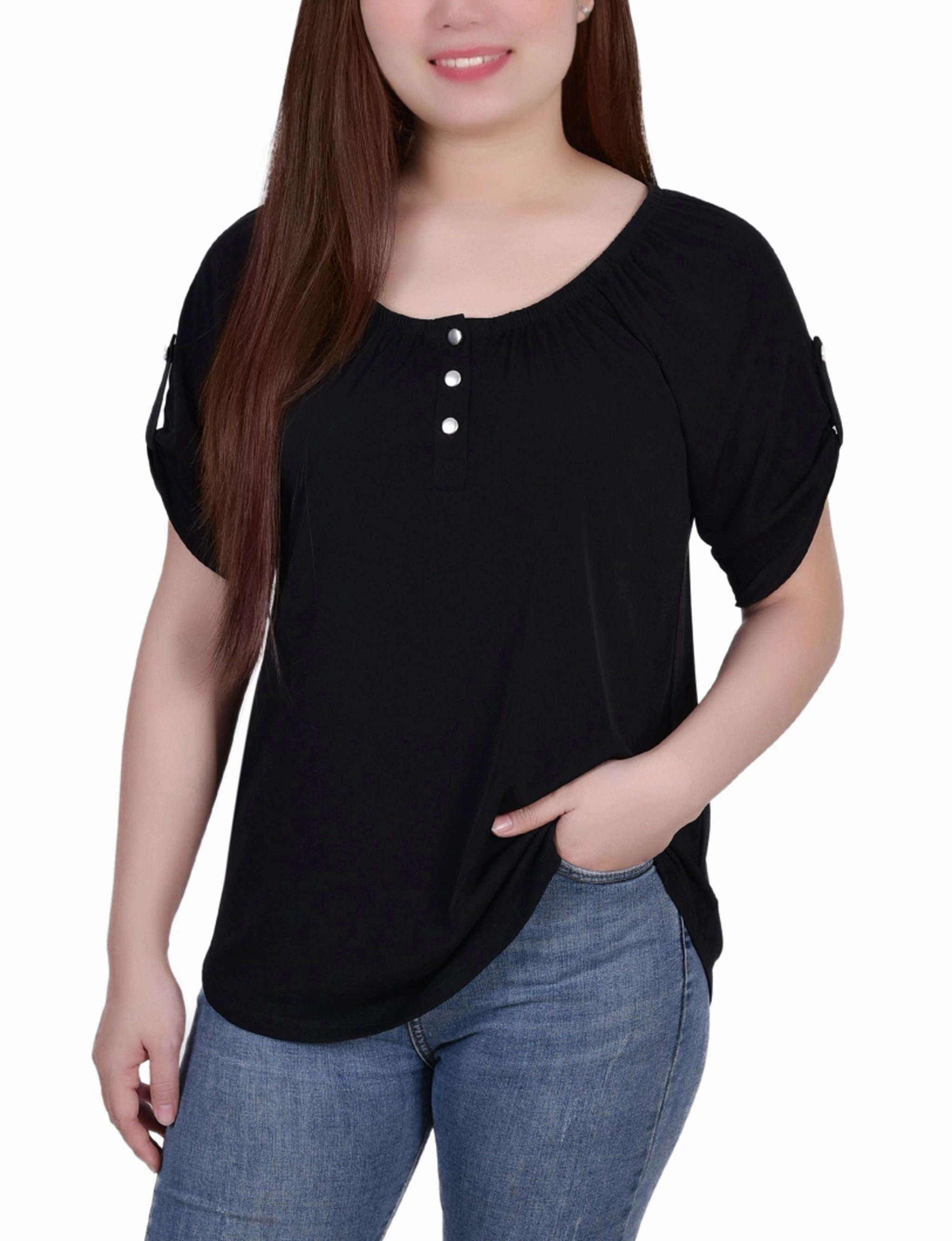 Petite Short Sleeve Round Neck Henley Top Soft Touch Texture