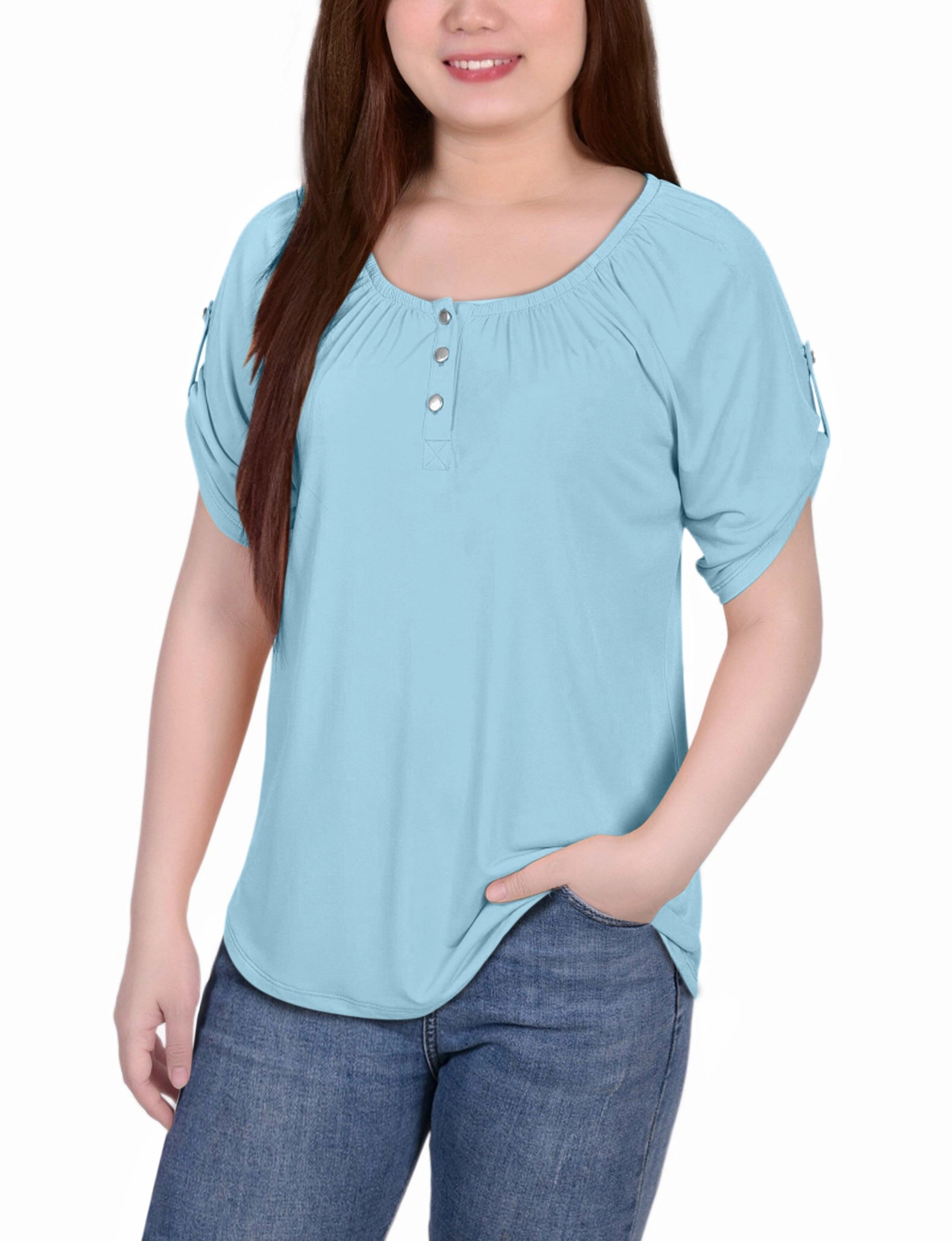 Petite Short Sleeve Round Neck Henley Top Bonded Seam Technology Microfiber texture